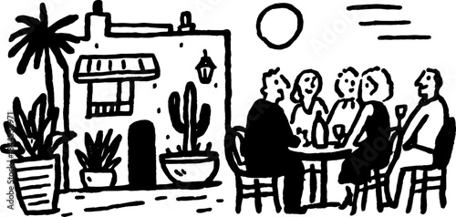 Group of people sitting at a table outdoors. Simple black and white vector illustration featuring a house, plants, and a sunny setting.