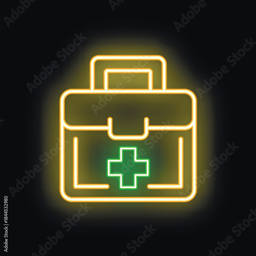 Glowing neon line first aid kit icon isolated on black background, perfect for illustrating emergency medical services