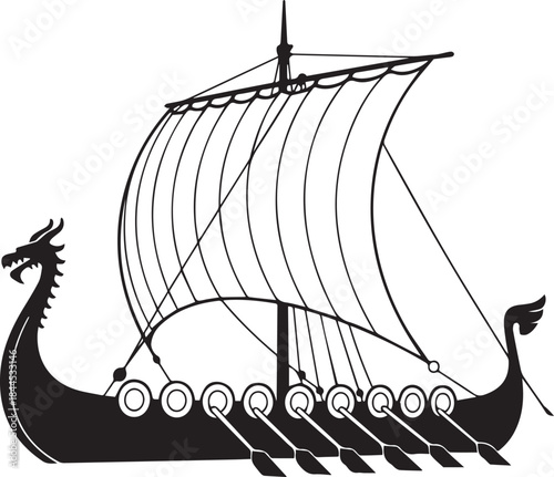 Viking longship silhouette with sail and oars