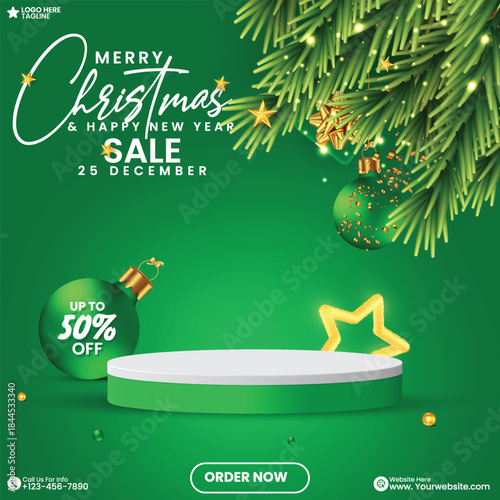 Merry Christmas and Happy New Year celebration social media product sale podium background design vector with green color. Green color Christmas festival product display design with Xmas tree.