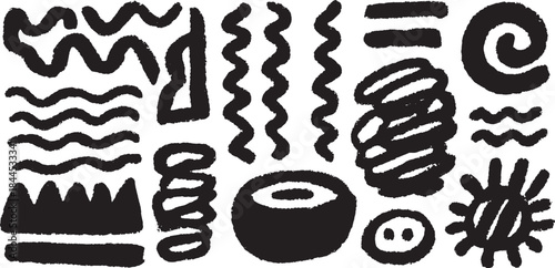 Bold pattern design with various shapes and lines. This vector illustration features unique waves and scribbles in black and white, showcasing modern elements.