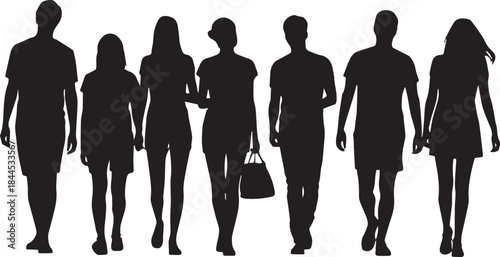 Silhouette of a group of seven people walking together