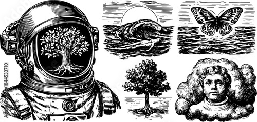 Astronaut with tree silhouette inside helmet. Vintage vector illustration featuring a butterfly and wave, presented in a set of line drawing elements.