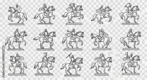 Collection of Medieval Knights on Horseback Line Art.