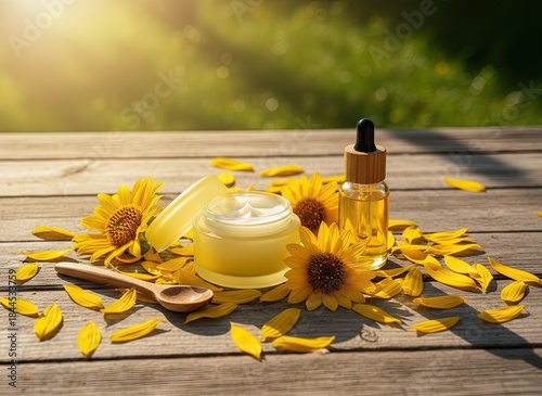 Natural Skincare Products With Sunflower Petals And Oil Dropper On Wooden Table With Golden Sunlight And Greenery Background