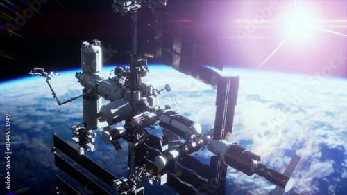 Valokuva International Space Station ISS floating in orbit above planet earth in outer sp