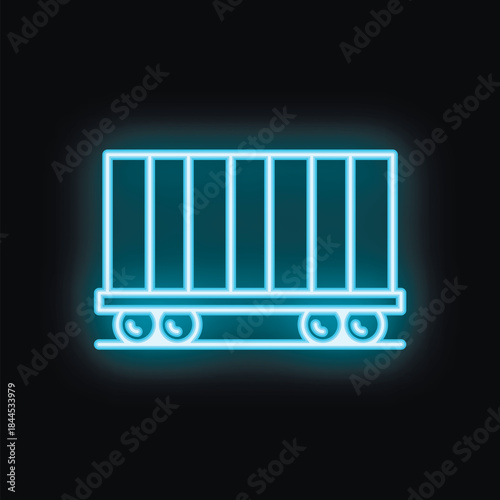 Neon blue icon of a train carriage glowing against a black background