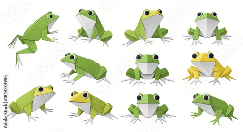 Collection of Origami Frog Illustrations in Various Poses and Colors.