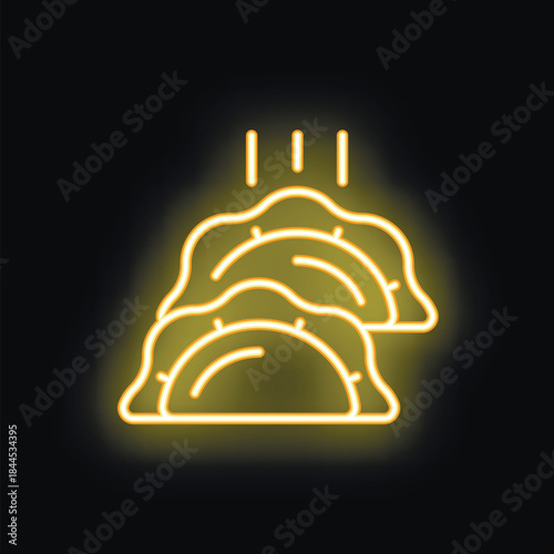 Yellow glowing neon icon representing three delicious dumplings falling on a black background
