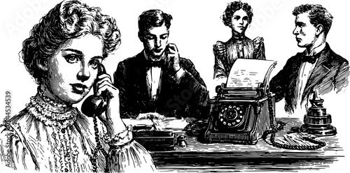Vintage illustration of a telephone office scene with men and women engaged in communication. This vector illustration captures the essence of old-fashioned business interactions.