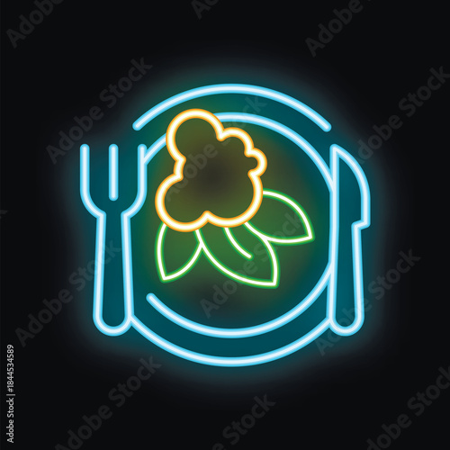 Neon sign showing a plate with a knife and fork, possibly representing a restaurant or diner specializing in healthy cuisine