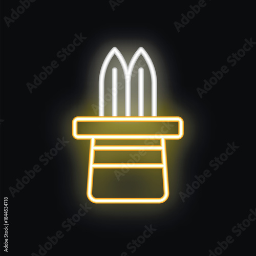 Neon sign depicting a magic trick with two swords piercing a top hat, symbolizing illusion and entertainment