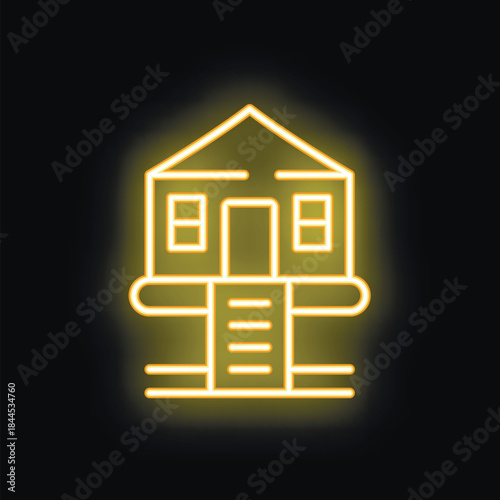 Neon sign depicting a small house with a porch and stairs, glowing yellow on a black background