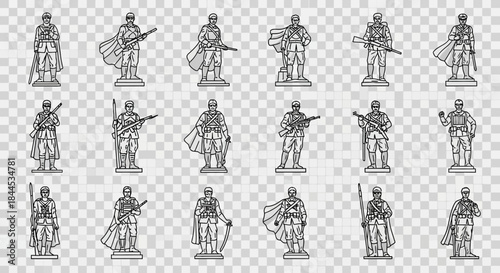 Collection of Soldier Statues in Various Poses with Weapons.
