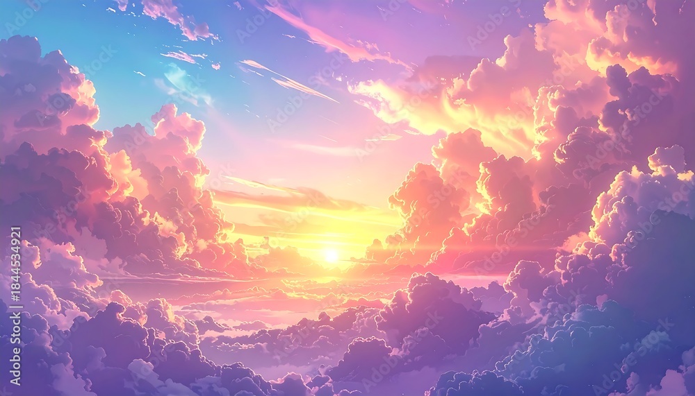 Naklejka premium Dreamy landscape of sun breaking through pastel-colored clouds, creating a serene and beautiful sky