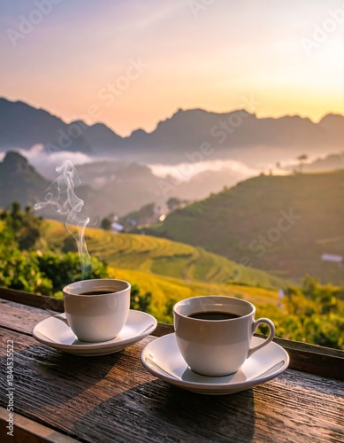 Two white coffee cups on a wooden table, overlooking a mountain landscape at sunrise
