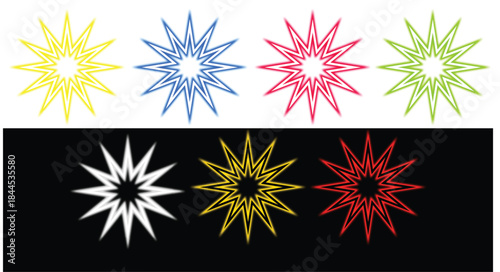 Colorful starburst shapes arranged in two rows on a white and black background