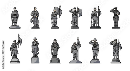 Collection of Soldier Statues in Various Poses and Uniforms.