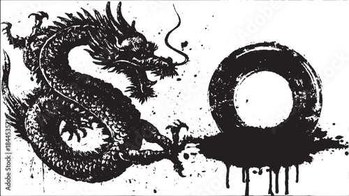 Dragon in black and white. Detailed vector illustration featuring a textured design and elaborate silhouette for artistic purposes.