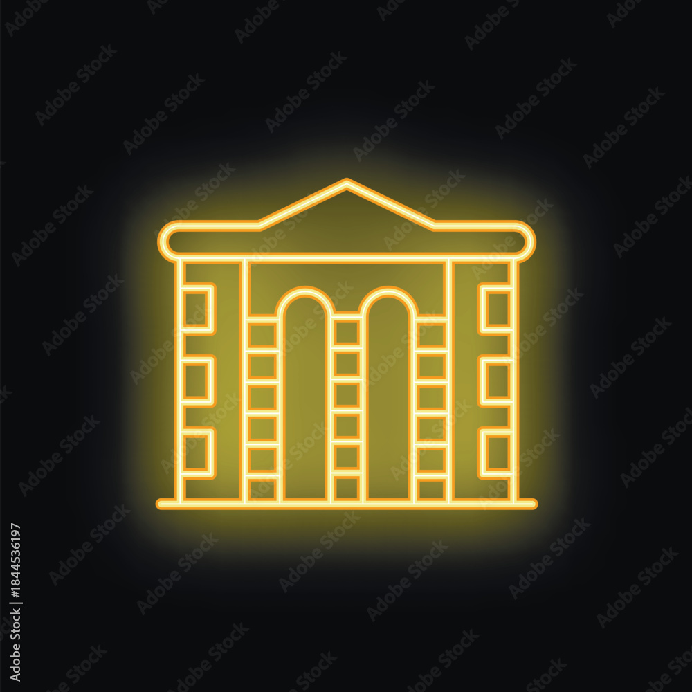 Obraz premium Neon yellow illustration of a building facade with columns and pediment glowing on a black background