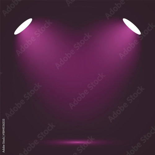 Two purple spotlights illuminating a dark stage or background with a subtle glow.