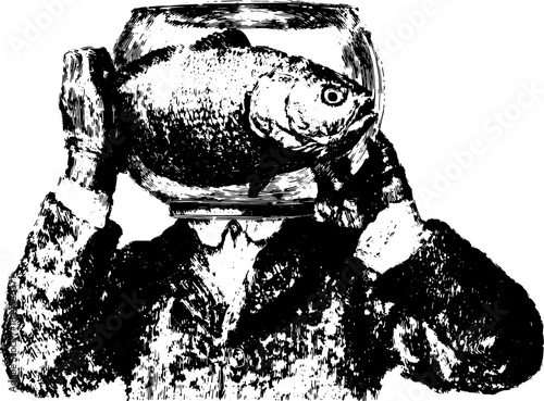 Engraving illustration of a man with a fishbowl on his head. This unique set features detailed black and white vector art.