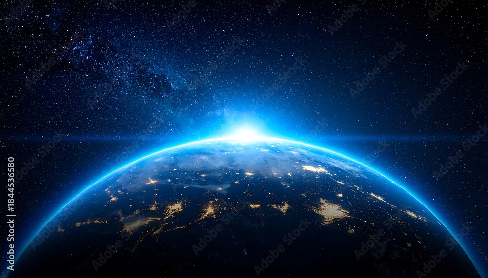 Obraz premium Earth view from space at night, with city lights glowing beneath a blue aura, against a backdrop of stars
