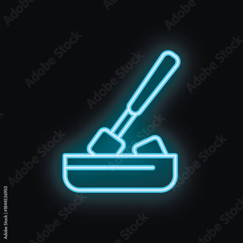 Blue neon icon of a bucket containing ice cubes and a scoop, used for chilling beverages