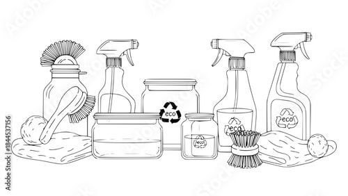 Eco-friendly cleaning products set, reusable spray bottles, glass containers, wooden brushes and cotton cloths, modern flat vector style, isolated on white background, clean lines, sustainable lifesty