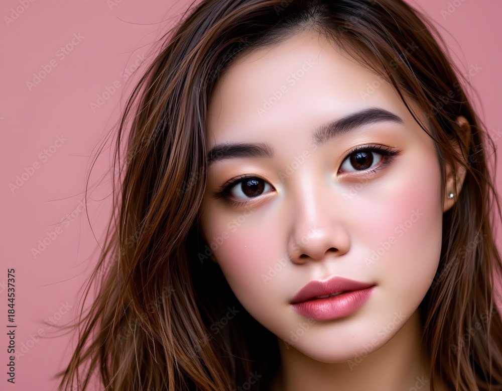 Fototapeta premium Closeup Portrait of a Young Woman with Long Hair and Natural Makeup Against a Pink Background