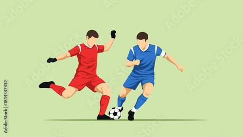 A youth football team of boys and girls in action on the green grass field as a soccer player silhouette kicks the ball toward a goal during a competitive game vector illustration