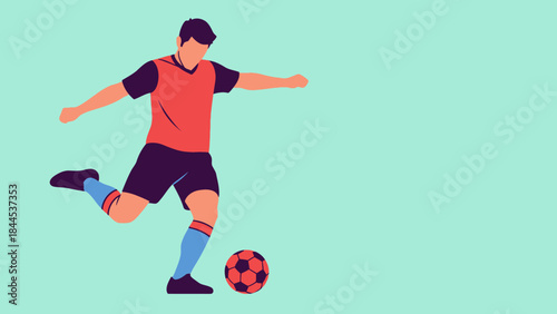 A 3d vector illustration of a young athlete or child soccer player in action kicking a football during a competitive sports game