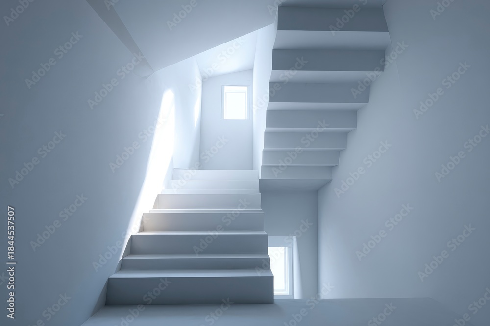 Obraz premium An evocative minimalist interior scene features a pristine white staircase ascending, beautifully illuminated by natural light streaming from a high window. The interplay of stark light and subtle sha