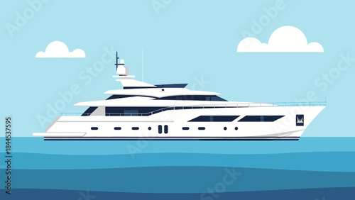 A luxury yacht and large cruise ship sail across the blue ocean on a summer vacation