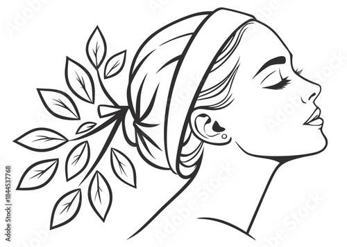 Woman with leaves in hair and headband profile view vector illustration
