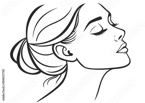 A black and white line drawing of a womans face in profile with her eyes closed and hair in a bun on isolated