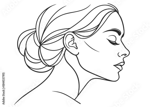 A black and white line drawing of a womans face in profile with her hair in a bun