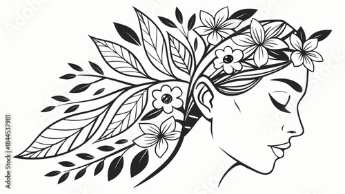 Black and white line art illustration of a womans head with flowers and leaves in her hair on