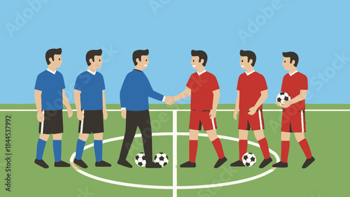 Pre-Match Ritual: Two opposing soccer teams, each embodying camaraderie and sportsmanship, shake hands on a pristine green field, a moment of respect before the fierce competition begins. 