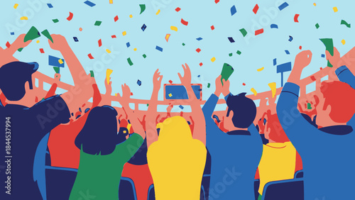 Celebratory Crowd: An animated illustration of a crowd, celebrating with joyful expressions, confetti raining from above, creating a dynamic scene.