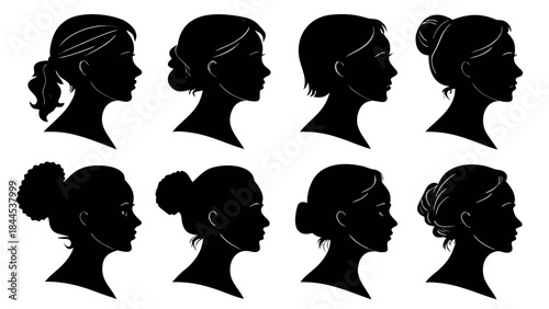 Collection of eight black silhouette profiles of women with various hairstyles