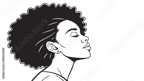 Black and white illustration of a woman with afro hairstyle looking up