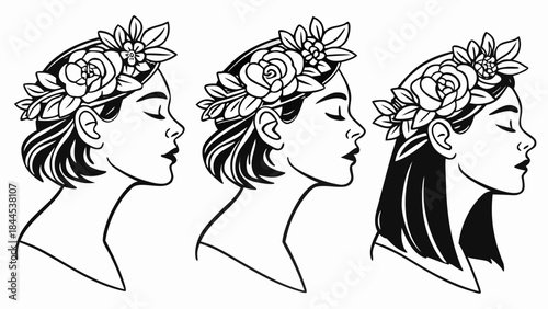 Three women wearing flower crowns in different hairstyles on