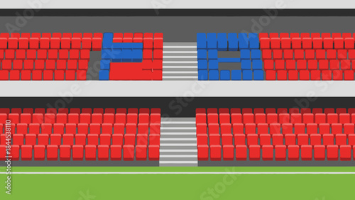Stadium Seat: An empty stadium, rows of seating, red and blue seats representing opposing teams. Ready for game or event. 