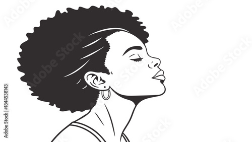 Black and white illustration of a woman with afro hairstyle looking up