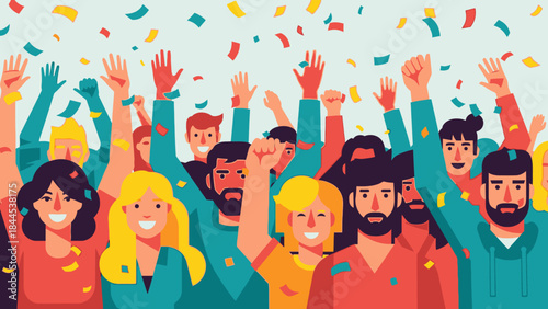 Celebratory Crowd with Confetti: A vibrant illustration showcasing a diverse crowd of people celebrating, their arms raised in jubilation amid a shower of confetti. 
