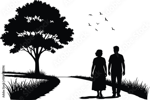 Couple walking together silhouette nature landscape relationship love companionship black and white vector peaceful outdoor lifestyle concept