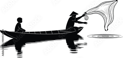 Fisherman and child silhouette fishing on river boat traditional lifestyle black and white vector rural water livelihood illustration
