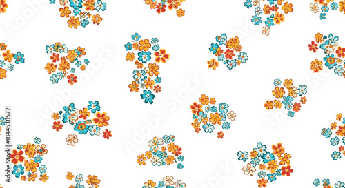 Seamless ditsy floral pattern featuring small, delicate flower clusters in a retro color palette of blue, orange, and red.
