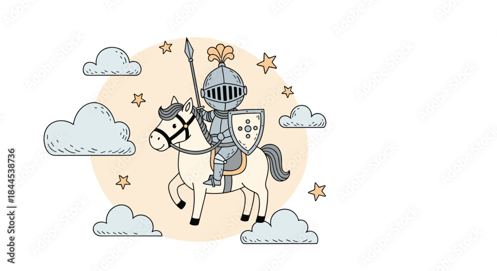 Obraz premium Charming hand-drawn illustration of a cute little knight on a white horse surrounded by clouds and stars in the sky.